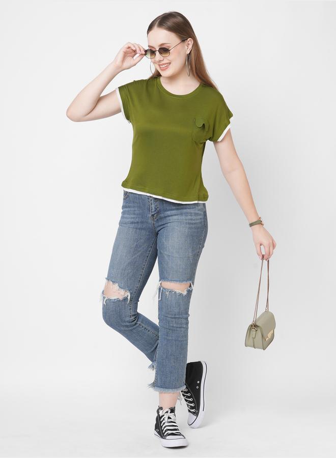 ميش تيشيرت نسائي قصير بأكمام قصيرة من ميش بلون زيتوني مع جيب بقلاب - Image 2