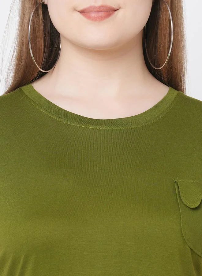 Mish Mish Women Olive Contrast Trim Short Sleeve T-Shirt with Flap Pocket