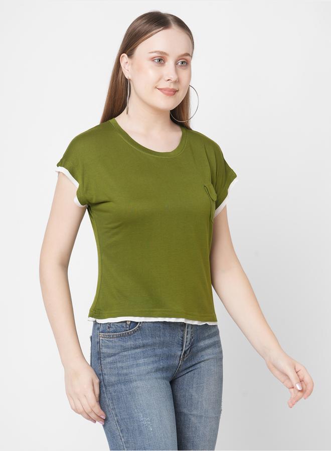 ميش تيشيرت نسائي قصير بأكمام قصيرة من ميش بلون زيتوني مع جيب بقلاب - Image 1