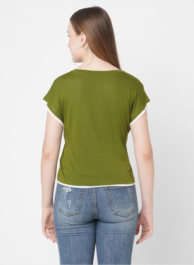 Mish Mish Women Olive Contrast Trim Short Sleeve T-Shirt with Flap Pocket