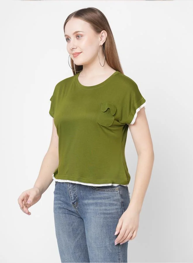 Mish Mish Women Olive Contrast Trim Short Sleeve T-Shirt with Flap Pocket