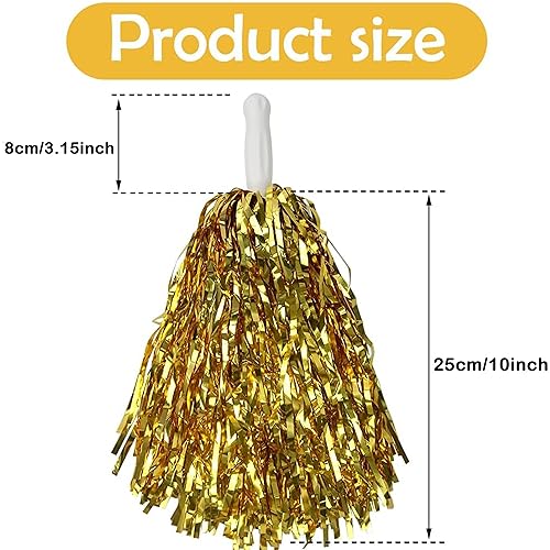 Comicfs 12 Pcs Pom Poms Cheerleading Cheerleader Pom Poms Spirited Cheer Pom Poms Cheerleader Pom Poms Baton Handle Metallic Foil Fun Pom Poms for Sports Team Party Dance (Metallic Foil- Gold) - Image 2