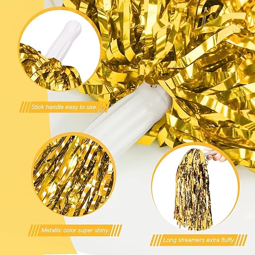 Comicfs 12 Pcs Pom Poms Cheerleading Cheerleader Pom Poms Spirited Cheer Pom Poms Cheerleader Pom Poms Baton Handle Metallic Foil Fun Pom Poms for Sports Team Party Dance (Metallic Foil- Gold) - Image 3