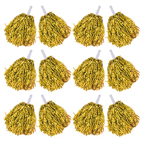 Comicfs 12 Pcs Pom Poms Cheerleading Cheerleader Pom Poms Spirited Cheer Pom Poms Cheerleader Pom Poms Baton Handle Metallic Foil Fun Pom Poms for Sports Team Party Dance (Metallic Foil- Gold) - Image 1