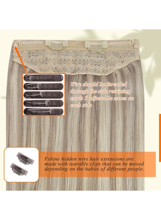 Fshine Invisible Wire Hair Extensions Secret Hairpieces Fish Wire Layered Hair Extensions Human Hair Ash Blonde 18 Highlight Blonde 613 Remy Wire Human Hair Extensions Removable Clip ins 16 Inch 80G - Image 3