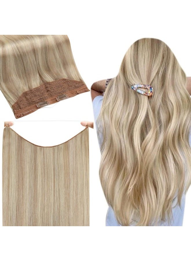 Fshine Invisible Wire Hair Extensions Secret Hairpieces Fish Wire Layered Hair Extensions Human Hair Ash Blonde 18 Highlight Blonde 613 Remy Wire Human Hair Extensions Removable Clip ins 16 Inch 80G - Image 1
