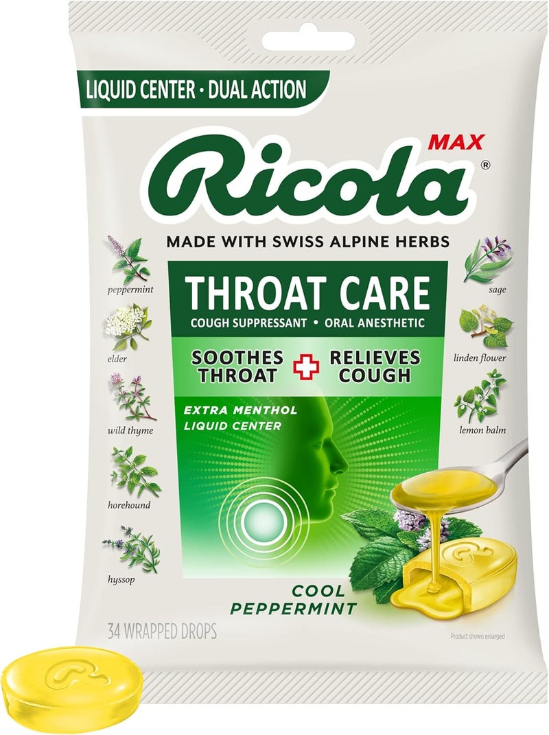 Ricola Ricola Max Cool Peppermint Throat Care Large Bag | Cough Suppressant Drops | Dual Action Liquid Center | Soothing Long-Lasting Relief - 34 Count (Pack of 1)