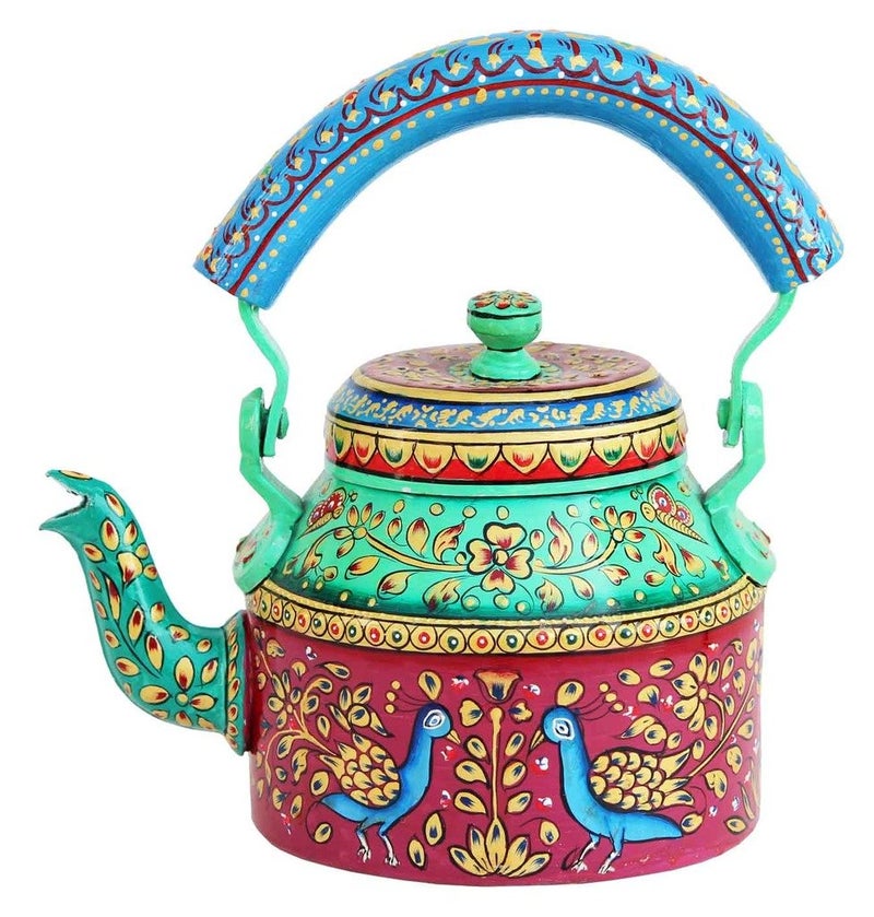 Craft Junction Hand Painted Traditional Aluminium Colourful Tea Pot for Serving and Home Decor 500 ML - Image 1