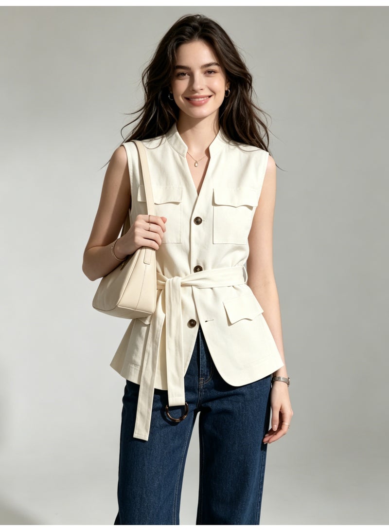 زارا ZARA Women’s Belted Waist Cargo Pocket Sleeveless Vest - Image 4