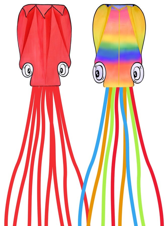 SYNCFUN 2 Packs Large Octopus Kites Rainbow and Red– Easy-Fly Design for Kids and Adults with 328ft Line, Giant Beach Kites for Outdoor Fun and Activities - Image 1