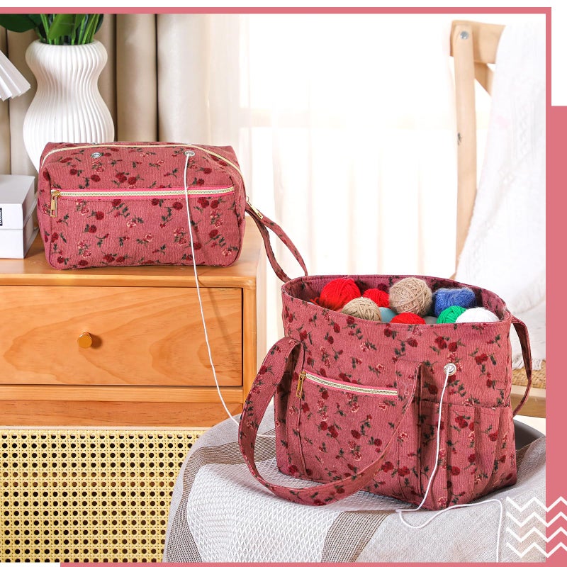 Bulyoou 2 Pcs Crochet Bag and Tote Set Corduroy Yarn Holder Crochet Tote Bag for Hooks Vintage Flowers Organizer Yarn Holder for Ideal Birthday Mother's Day Gift Knitting Lovers Accessories - Image 3