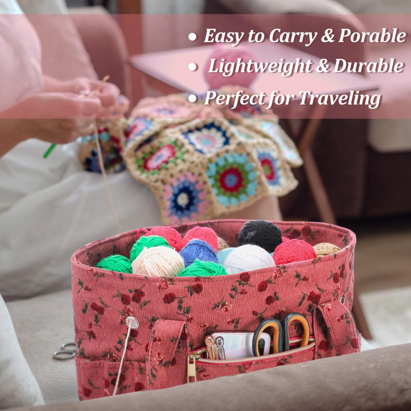 Bulyoou 2 Pcs Crochet Bag and Tote Set Corduroy Yarn Holder Crochet Tote Bag for Hooks Vintage Flowers Organizer Yarn Holder for Ideal Birthday Mother's Day Gift Knitting Lovers Accessories - Image 5