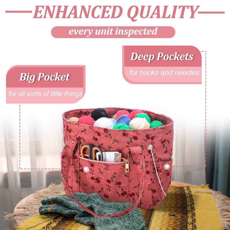 Bulyoou 2 Pcs Crochet Bag and Tote Set Corduroy Yarn Holder Crochet Tote Bag for Hooks Vintage Flowers Organizer Yarn Holder for Ideal Birthday Mother's Day Gift Knitting Lovers Accessories - Image 4