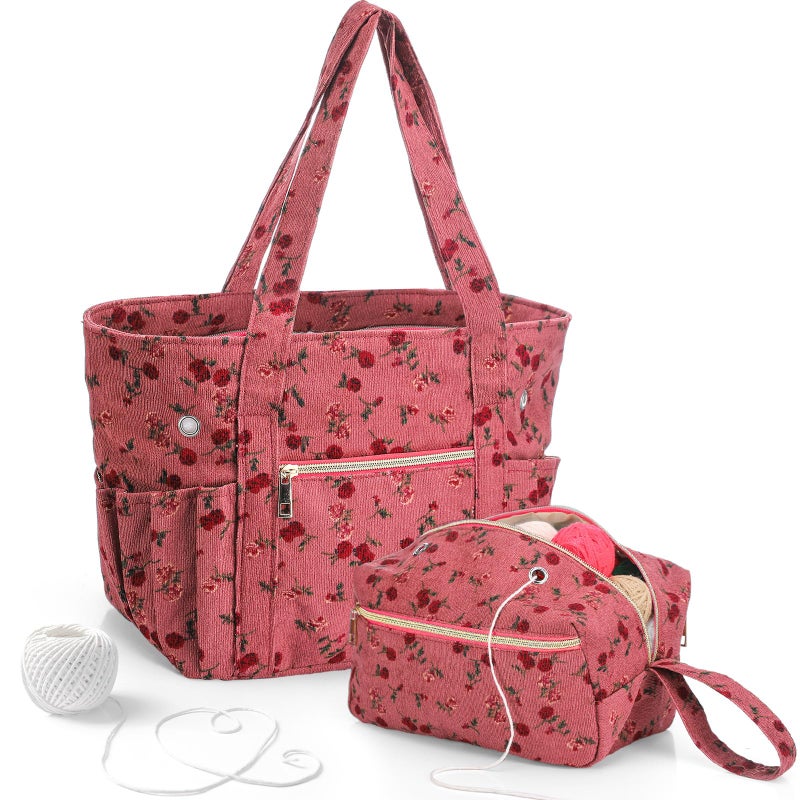 Bulyoou 2 Pcs Crochet Bag and Tote Set Corduroy Yarn Holder Crochet Tote Bag for Hooks Vintage Flowers Organizer Yarn Holder for Ideal Birthday Mother's Day Gift Knitting Lovers Accessories - Image 1