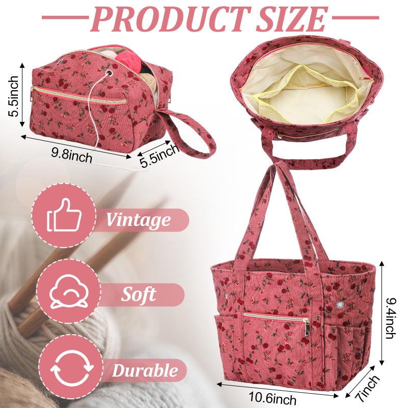 Bulyoou 2 Pcs Crochet Bag and Tote Set Corduroy Yarn Holder Crochet Tote Bag for Hooks Vintage Flowers Organizer Yarn Holder for Ideal Birthday Mother's Day Gift Knitting Lovers Accessories - Image 2