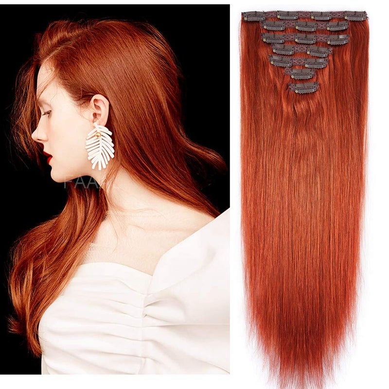 14 Clip in Human Hair Extensions Full Head 110g 7 Pieces 16 Clips Copper Red Double Weft Brazilian Real Remy Hair Extensions Thick Straight Silky 14 110g 350