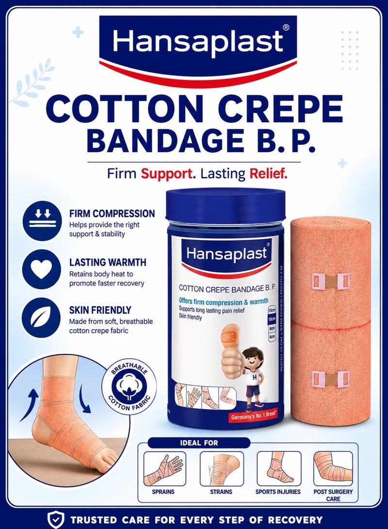 Hansaplast Soft Cotton Pain Relief Crepe Bandage B.P. Pack of 1 (10CMx 4MTR) Offers Firm Compression & Warmth | Supports Long Lasting Pain Relief | Skin Friendly - Image 1