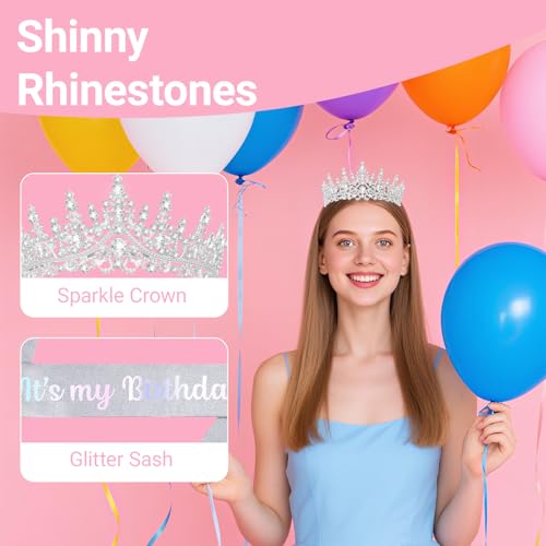 Papoopy Birthday Tiara and Crown with Sash, Birthday Tiara for Women Birthday Party (Silver) - Image 5