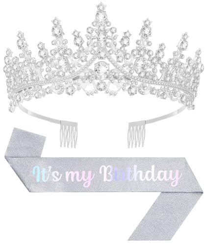 Papoopy Birthday Tiara and Crown with Sash, Birthday Tiara for Women Birthday Party (Silver) - Image 1