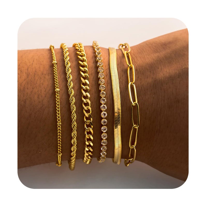 SYGY 6Pcs Gold Bracelets for Women, 14K Gold Bracelets, Jewelry Bracelets Set for Gifts, 7.09'' - Image 1