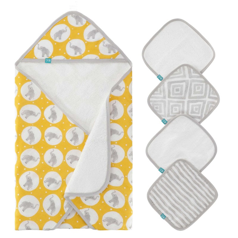 Featherhead 5Piece 100 Cotton Muslin Hooded Bath Towel  Washcloths Unisex Set for Baby Boy  Girl  Ultra Soft and Extra Absorbent  Newborn Essential  Perfect Baby Registry Gift Grey Elephant