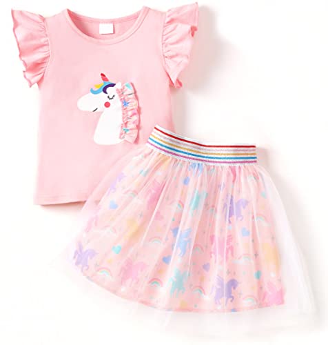 RETSUGO Girls Two Piece Skirt Set Toddler Flutter Sleeve Shirt Rainbow Tulle Skirts Unicorn Party Princess Tutu Dresses Easter Pink 2-3 Years,3t - Image 1