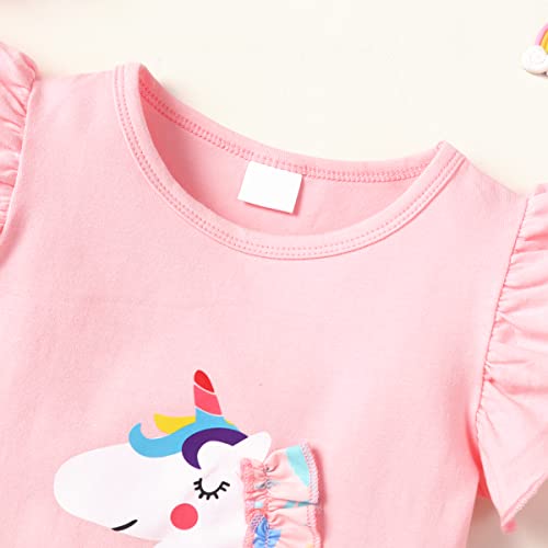 RETSUGO Girls Two Piece Skirt Set Toddler Flutter Sleeve Shirt Rainbow Tulle Skirts Unicorn Party Princess Tutu Dresses Easter Pink 2-3 Years,3t - Image 2