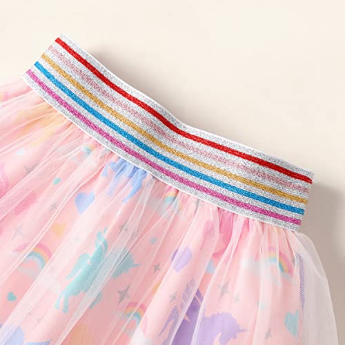 RETSUGO Girls Two Piece Skirt Set Toddler Flutter Sleeve Shirt Rainbow Tulle Skirts Unicorn Party Princess Tutu Dresses Easter Pink 2-3 Years,3t - Image 5