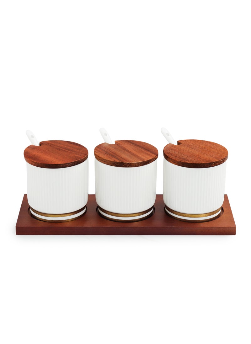 Shallow - Shallow Porcelain New Bone China Verde 3-Compartment Condiment Set with Bamboo Tray - Elegant Tabletop Delight - Image 1