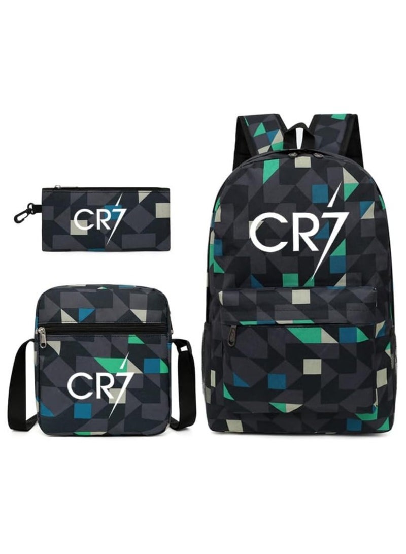 CR7 3PCS Backpack Set,CR7 Football Backpack,Large Capacity Casual Backpack with Lunch Bag and Pencil case for Boys Girls