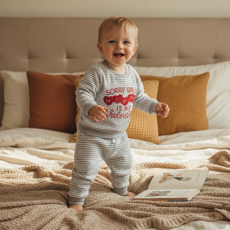 Kuriozud Toddler Baby Boy Clothes Outfit Valentines Day Sweatshirt Shirt+Waffle Knit Pant Set Clothing Spring Fall Winter (Gray Sorry Girls,Mommy is My Valentine, 6-12 Months) - Image 2