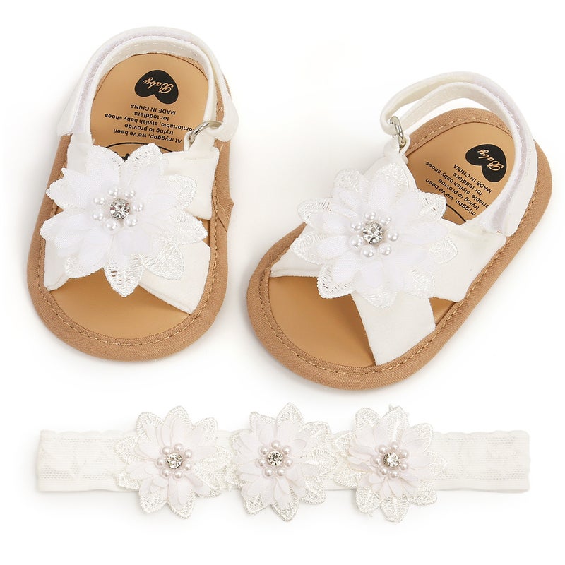 Baby Shoes, Toddler Shoes, Sandals, Cloth Sandals, Flower 2-Piece Set, Headwear, Headband, M2012 Extended Flowers - Image 1
