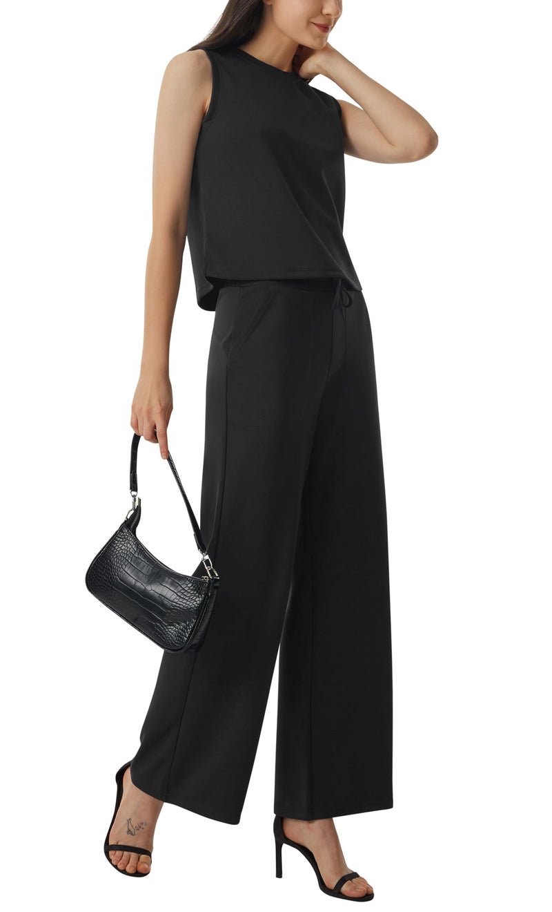 AFITNE Womens 2 Piece Outfits Air Essentials Sleeveless Tank Crop Top Wide Leg Sweatpants Lounge Set 2024 Tracksuit 29" Black, XS - Image 2