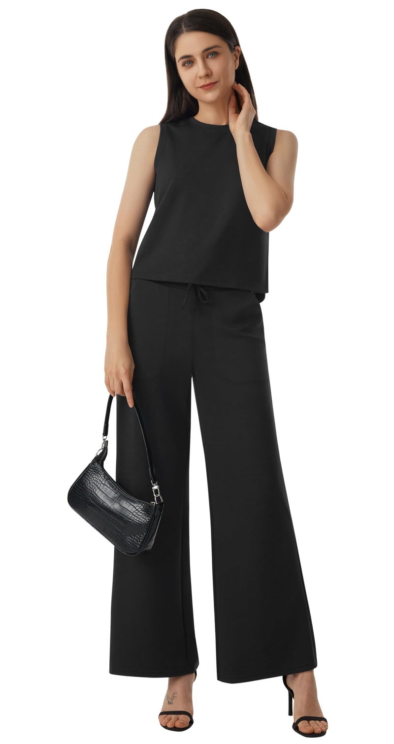 AFITNE Womens 2 Piece Outfits Air Essentials Sleeveless Tank Crop Top Wide Leg Sweatpants Lounge Set 2024 Tracksuit 29" Black, XS - Image 4