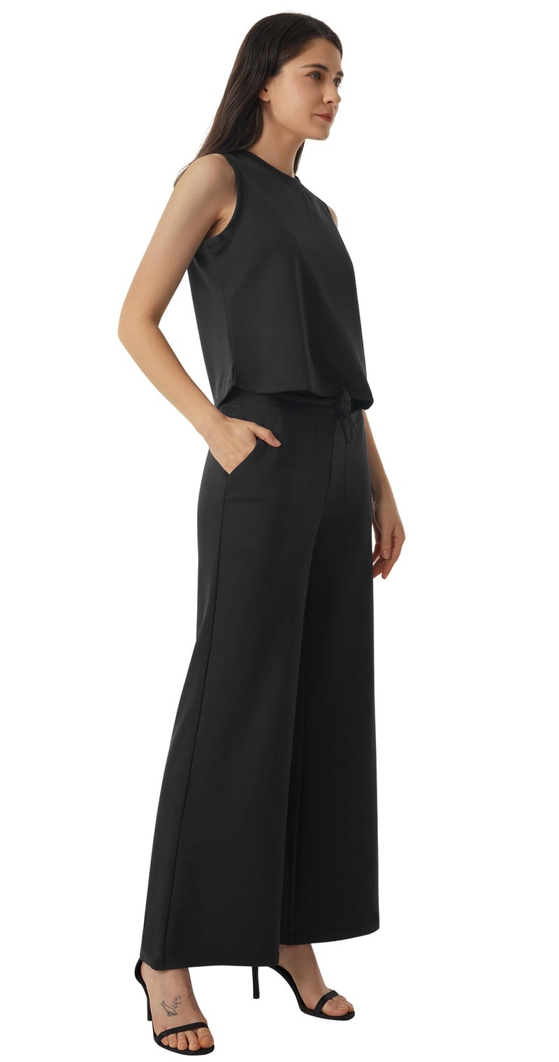 AFITNE Womens 2 Piece Outfits Air Essentials Sleeveless Tank Crop Top Wide Leg Sweatpants Lounge Set 2024 Tracksuit 29" Black, XS - Image 5