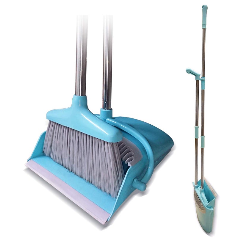 Ulodimi Polyethylene Broom And Dustpan Set For Hard_Floor Lightweight Upright Lobby Broom And Dust Pan Combo With Long Handle Outdoor Indoor For Home Kitchen Room Office Blue