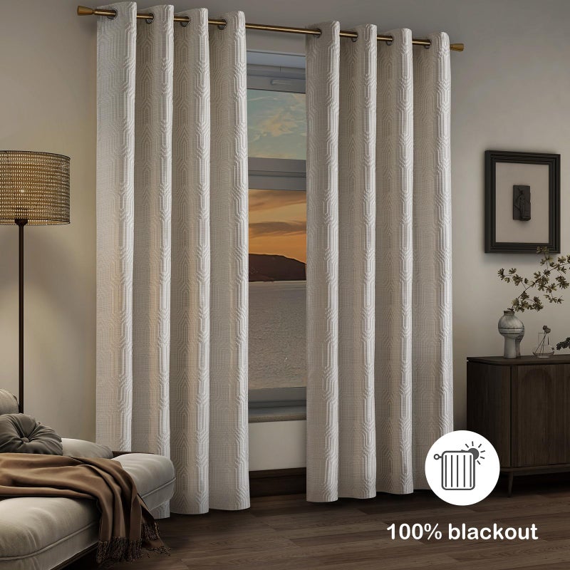 Drapexpert Beige and Silvery 100% Blackout Jacquard Geometric Pattern Curtains,52 Inch Wide 84 Inches Long 2 Panels, Thermal Insulated Noise Reducing Anti-Rust Grommet Drapes for Bedroom Living Room, Cream - Image 3