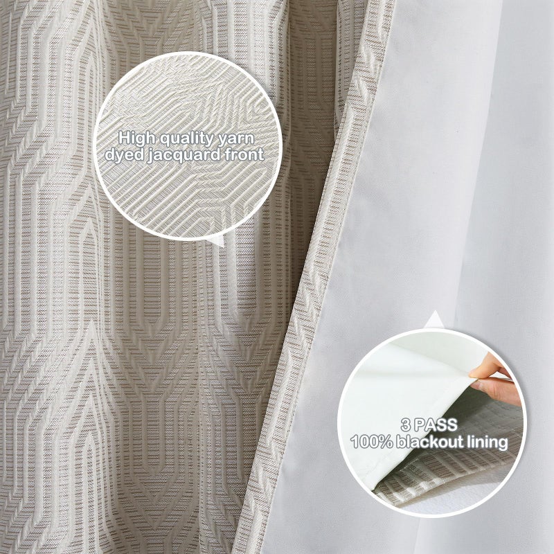 Drapexpert Beige and Silvery 100% Blackout Jacquard Geometric Pattern Curtains,52 Inch Wide 84 Inches Long 2 Panels, Thermal Insulated Noise Reducing Anti-Rust Grommet Drapes for Bedroom Living Room, Cream - Image 4