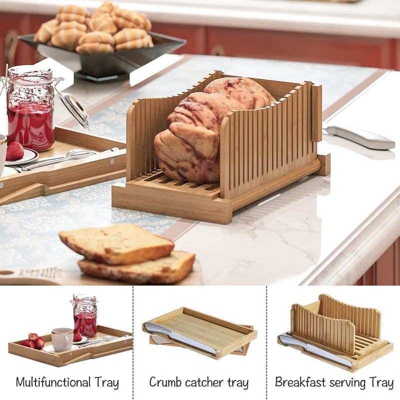 Vriccc Bamboo Bread Slicer with Serrated Knife, Adjustable Bread Slicer Guide with 3 Thickness Size, Foldable Compact Chopping Cutting Board with Crumb Tray, Great for Homemade Bread, Cakes, Bagels - Image 5