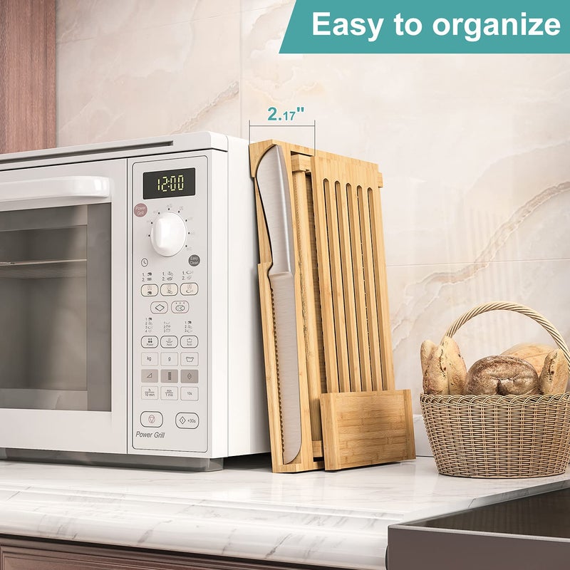 Vriccc Bamboo Bread Slicer with Serrated Knife, Adjustable Bread Slicer Guide with 3 Thickness Size, Foldable Compact Chopping Cutting Board with Crumb Tray, Great for Homemade Bread, Cakes, Bagels - Image 2