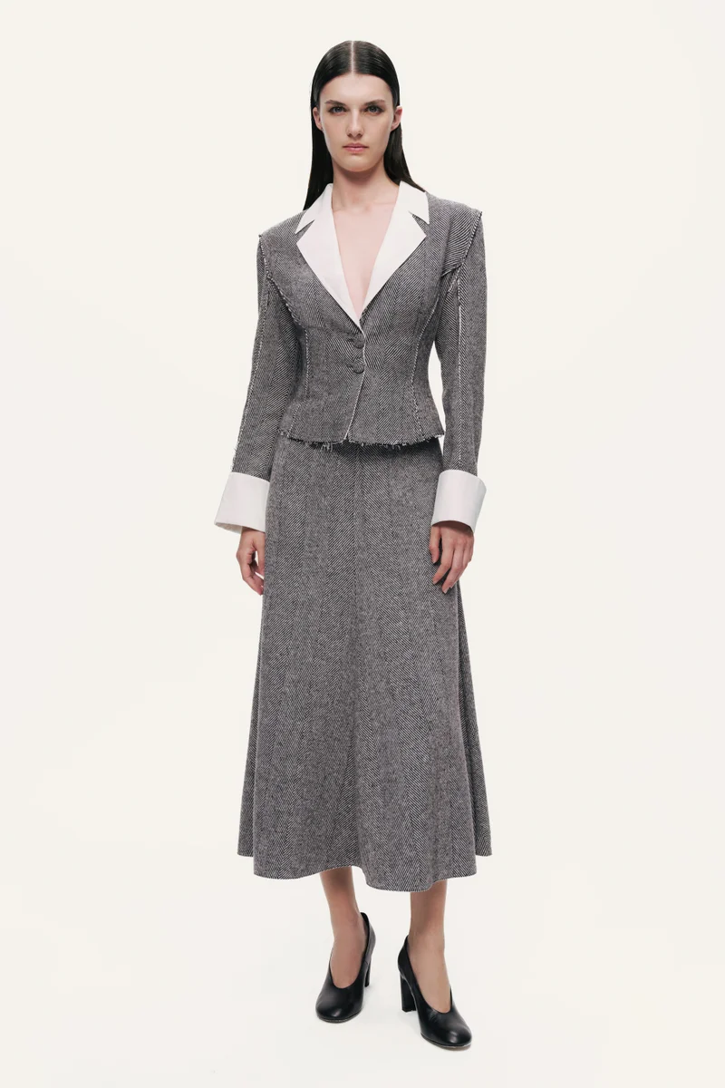 Herringbone Pattern Flared Midi Skirt