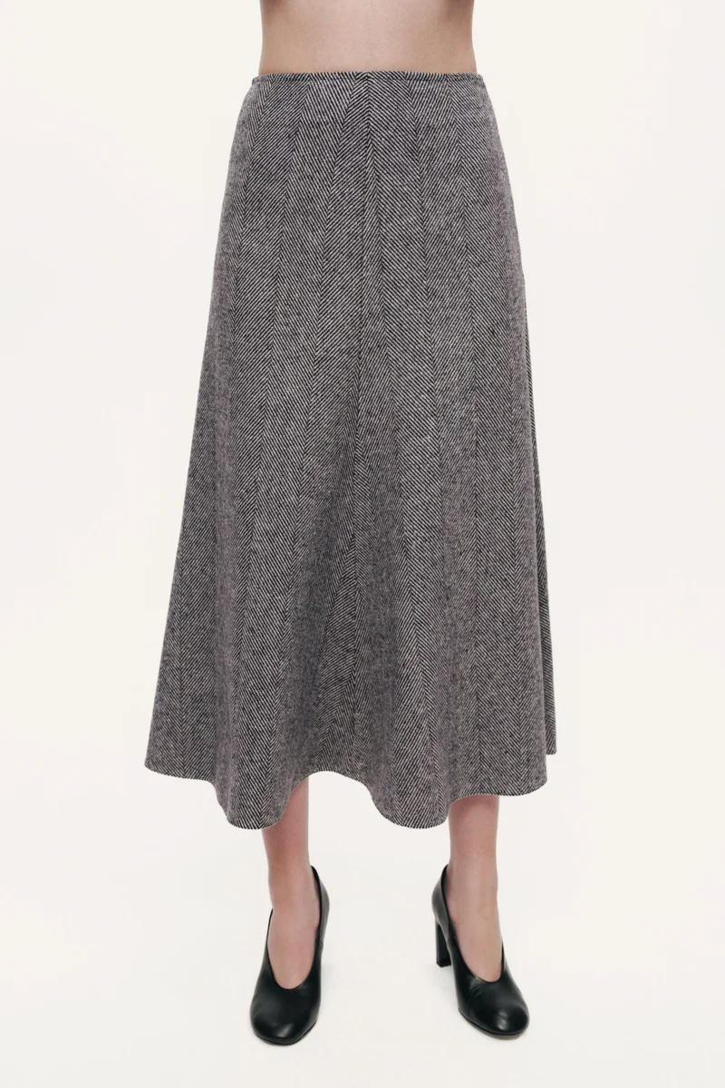 Nocturne Herringbone Pattern Flared Midi Skirt