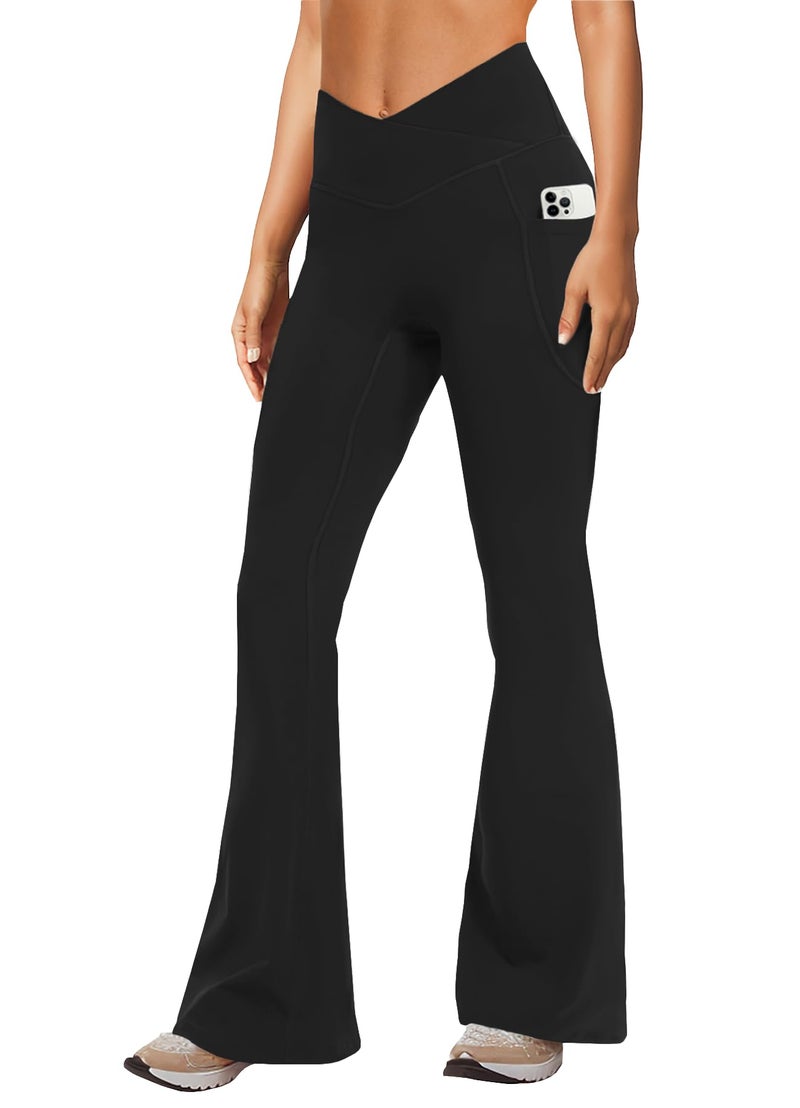 DLOODA Women's Yoga Pants with Pockets No Front Seam Crossover High Waisted Flare Leggings Tummy Control Bootcut Pants (Black M) - Image 1