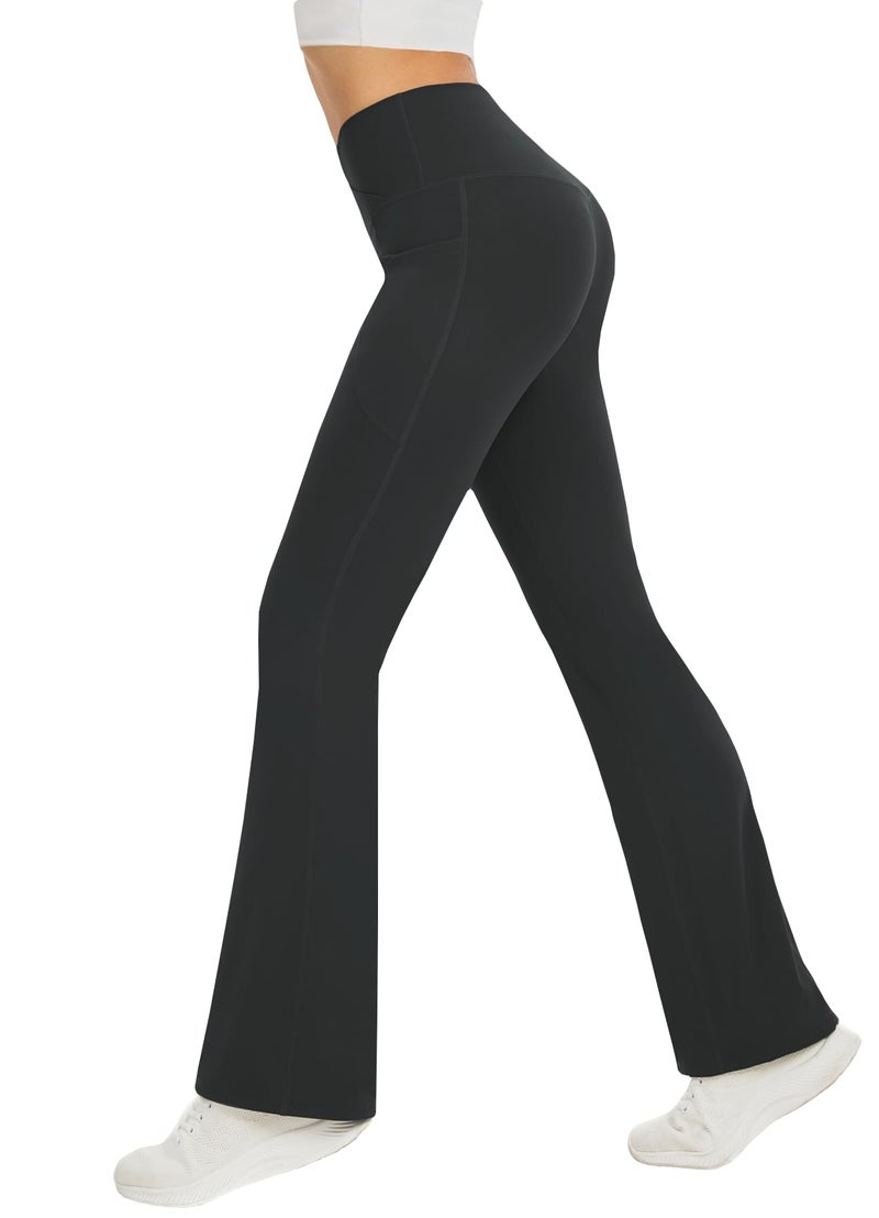 DLOODA Women's Yoga Pants with Pockets No Front Seam Crossover High Waisted Flare Leggings Tummy Control Bootcut Pants (Black M) - Image 4