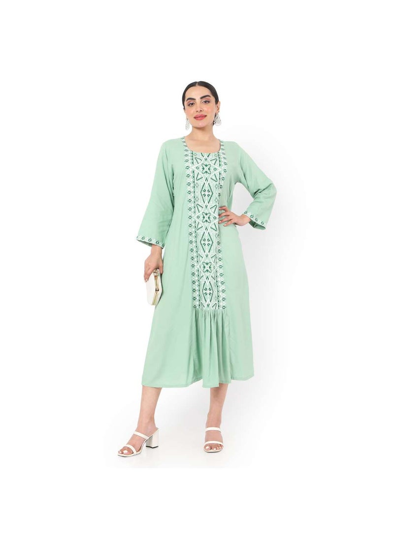 HANA & SARA - SHORT LIGHT GREEN COLOUR CASUAL STYLE PRINTED ARABIC KAFTAN JALABIYA DRESS - Image 1