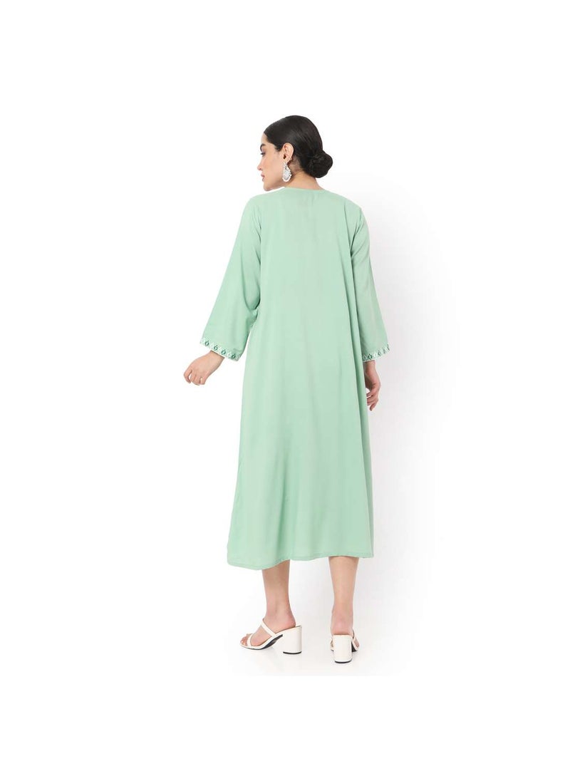 HANA & SARA - SHORT LIGHT GREEN COLOUR CASUAL STYLE PRINTED ARABIC KAFTAN JALABIYA DRESS - Image 1