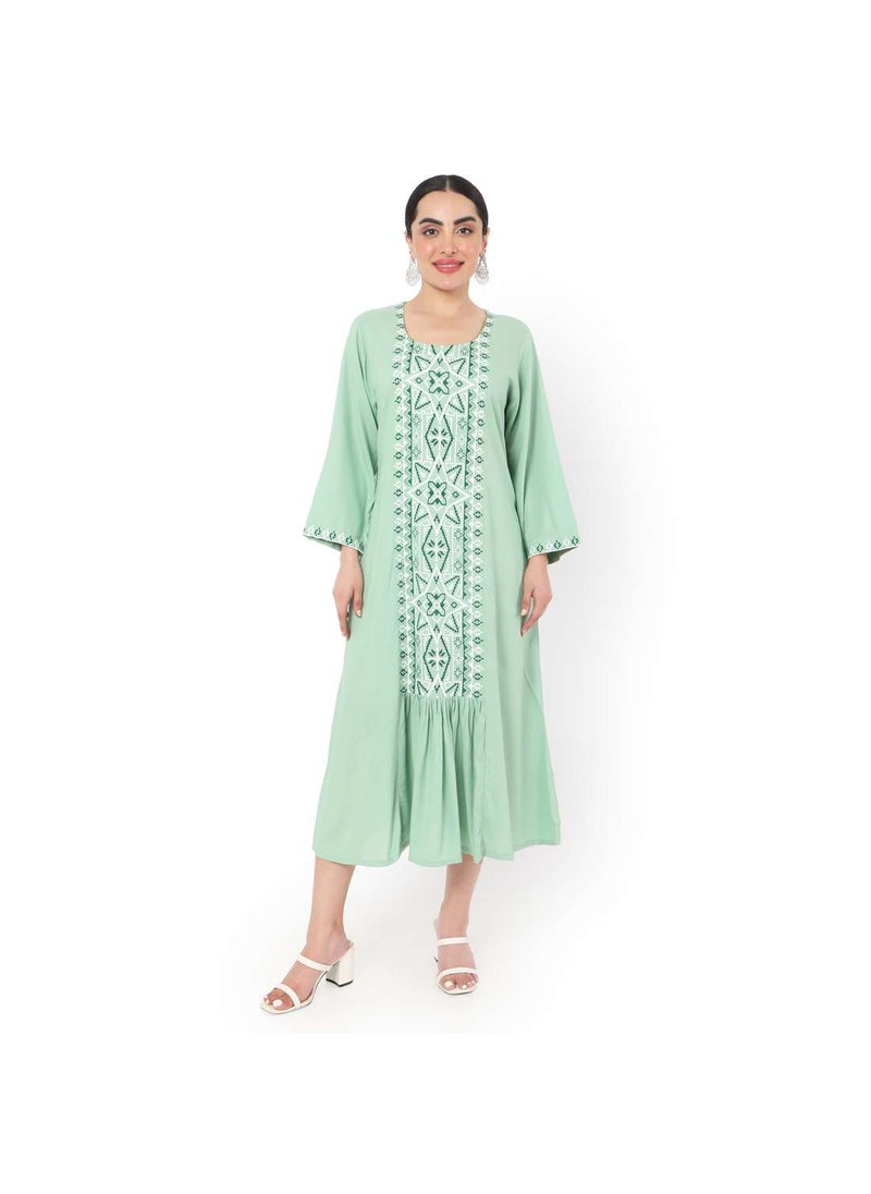 HANA & SARA - SHORT LIGHT GREEN COLOUR CASUAL STYLE PRINTED ARABIC KAFTAN JALABIYA DRESS - Image 1