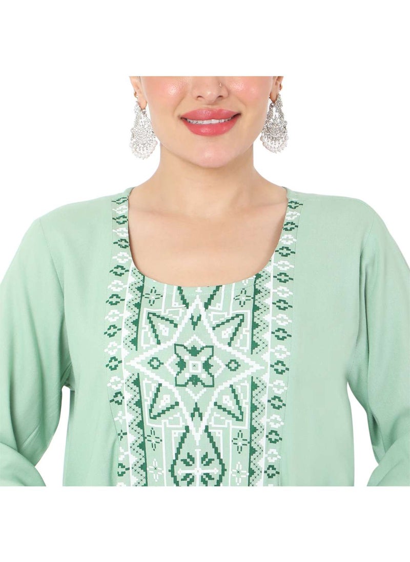 HANA & SARA - SHORT LIGHT GREEN COLOUR CASUAL STYLE PRINTED ARABIC KAFTAN JALABIYA DRESS - Image 1