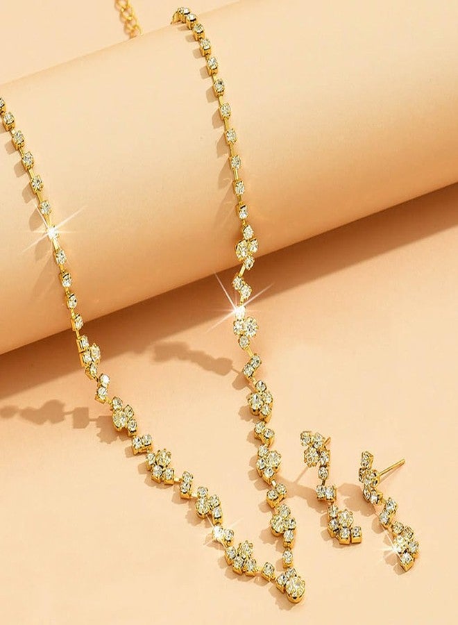 Unicra Bride Crystal Necklace Earrings Set Bridal Wedding Jewelry Sets Rhinestone Choker Necklace Prom Costume Jewelry Set for Women and Brides (3 piece set - 2 earrings and 1 necklace) (Gold) - Image 5