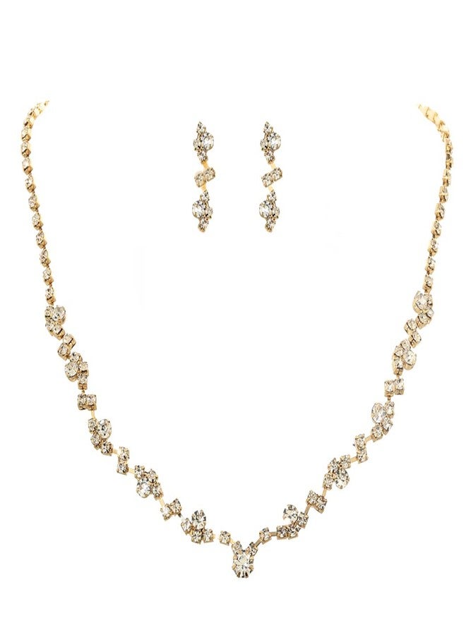 Unicra Bride Crystal Necklace Earrings Set Bridal Wedding Jewelry Sets Rhinestone Choker Necklace Prom Costume Jewelry Set for Women and Brides (3 piece set - 2 earrings and 1 necklace) (Gold) - Image 1
